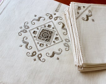 Vintage Linen Tablecloth Napkins Off White Cutwork Brown Taupe Embroidery Set 12 Napkins 94 x 60 Unused