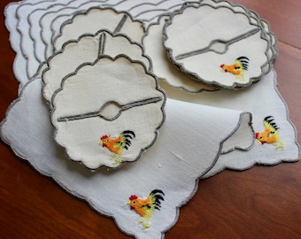 Vintage Linen Cocktail Napkins Coasters Wine Glass Slippers Cocktail Madeira Hand Embroidery Roosters White Orange Yellow 10