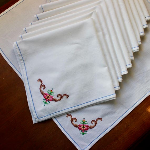 Vintage Linen Napkins 12 Twelve Embroidered Flowers Green Blue Pink Brown Spring Cotton Hand Cross Stitch