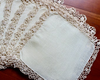 Vintage Linen Napkins Hand Crochet Trim 8 Cocktail Lunch Ivory Off White Square Cloth