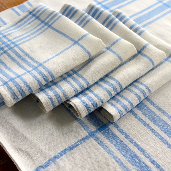 Vintage Linen Tablecloth Napkins Cornflower Blue White Checks