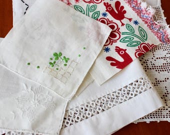 Vintage Linen Scraps Squares Fabric Pastels Embroidery Stripes Crochet Print for Upcycling Journals Crafts Slow Stitching