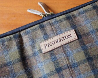 Vintage Pendleton Laptop Folio Case Folder Notebook Briefcase Wool Plaid Brown Gray Zipper