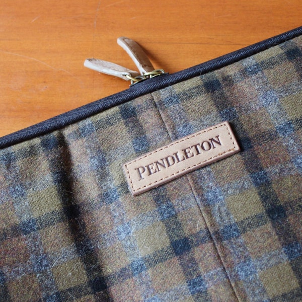 Vintage Pendleton Laptop Folio Case Folder Notebook Briefcase Wool Plaid Brown Gray Zipper