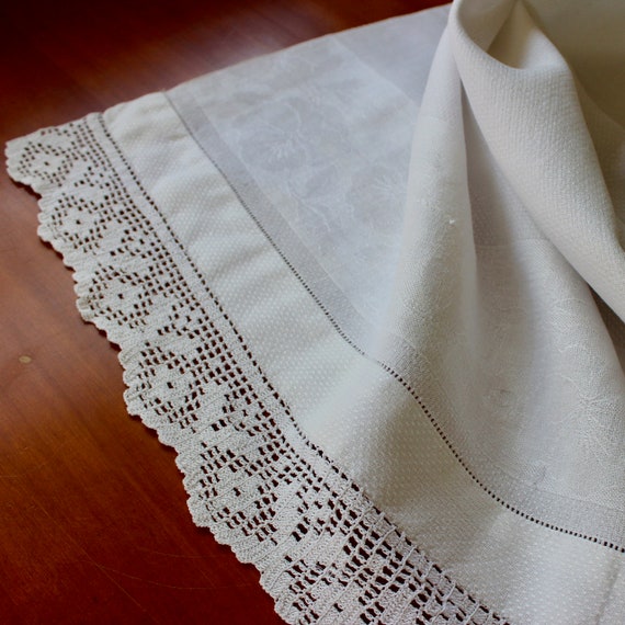 Vintage Linen Towel Damask White Bath Runner Hand Crochet Lace | Etsy