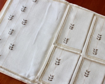 Set de 4 serviettes en lin vintage, fil or métallisé blanc cassé, étiquettes Paragon inutilisées, couture ajourée