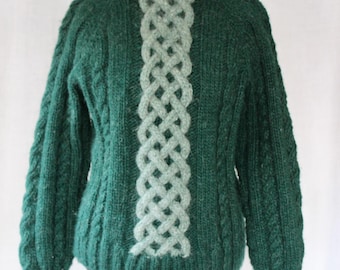 Vintage Handknit Wool Sweater Hand Knit Dark Green Cable Size Medium Crew Neck