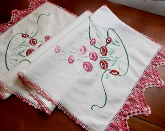 Vintage Linen Runner Embroidered Flowers Dresser Scarf Pink Red Green Hand Crochet White Bright Floral Long Cottagecore
