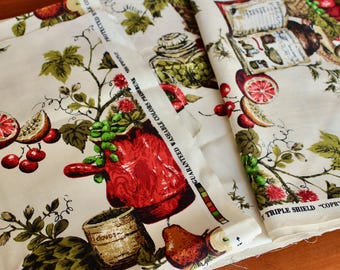 Vintage Fabric Heavy Cotton Americana Kitchen Theme Cookbook Apples Red Green Autumn 3 Large Remnants