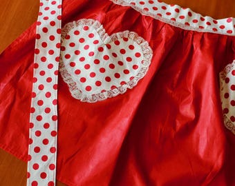 Vintage Apron Valentine Day White Red Mid Century Kitsch Cotton Half Polished Cotton Polka Dots