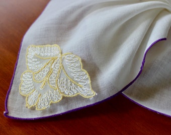 Vintage Hankie Handkerchief Linen Appliqué Embroidery Trembler White Purple Yellow Butterfly Madeira Wedding