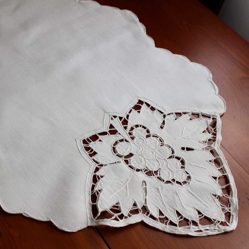 Vintage Linen Runner Cotton Dresser Scarf White Grape Leaf Cutwork Embroidery 61 Very Long image 7
