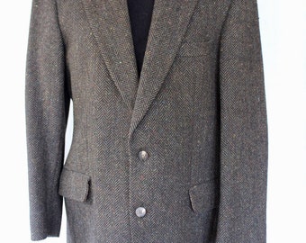 Vintage Donegal Tweed Jacket Wool Blazer Unisex Mens Brown Black Herringbone Size Medium