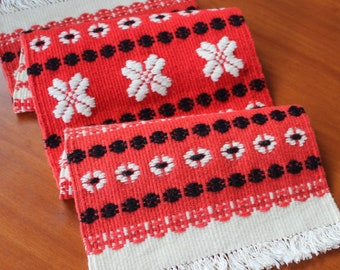 Vintage Handwoven Table Runner Wool Bright Red Black White Christmas Scandinavian Swedish Stars Snowflakes  Fringe