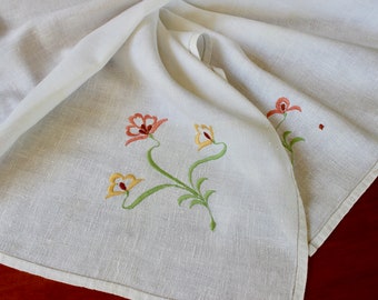 Vintage Linen Tablecloth Embroidery Green Coral Yellow Salmon White Flowers Floral Topper Small