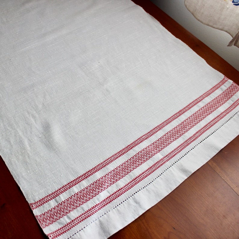 Vintage Linen Table Runner Damask Turkey Red White Stripes Rosepath Dresser Scarf 34 20 AS IS image 4