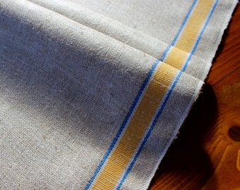 vintage torchon en lin chemin de table jaune bleu rayé torchon cuisine non utilisé écru rustique filé maison long
