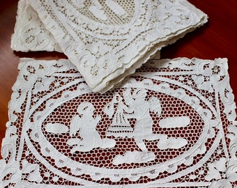 Antique Linen Placemats Runner Natural Figural Angels European Point de Venise Needle Lace Heirloom Handmade Vintage Perfect