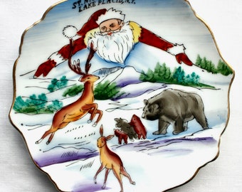 Vintage Plate Souvenir St. Nick's Animals Home of 1000 Animals Lake Placid Theme Park 1950s Christmas Hand Painted Rare Santa Claus
