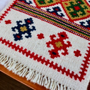 Vintage Handwoven Table Runner Ethnic Bold Wool Bright Red Black Beige Green Brown Fringe Rug 40 Inch image 5