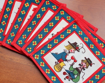 Vintage Linen Napkins Coasters 6 Cocktail Kolf Austria Printed Folk Art Red Blue Children Unused Bavarian