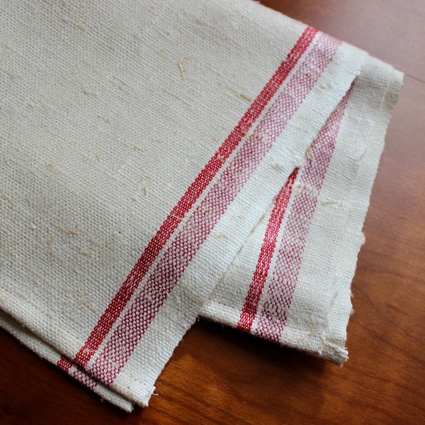 Vintage Linen Dish Towel Dishtowel Kitchen Unbleached Homespun Red Off White Stripe Rustic Primitive