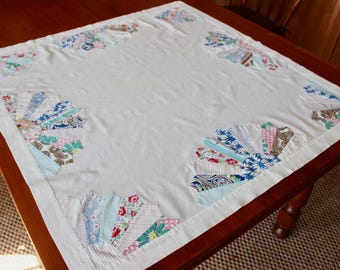 Vintage Quilt Tablecloth Topper Patchwork Handmade Dresden Plate Applique Small White Blue Multi Color Paisley Cottage 33 Inch Square