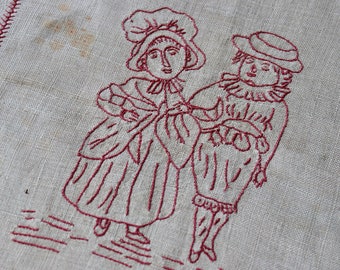 Antique Vintage Linen Redwork Hand Embroidery Turkey Red Quilt Block Square Couple Primitive