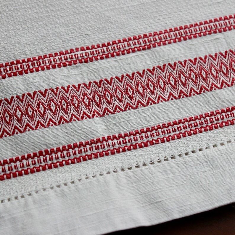 Vintage Linen Table Runner Damask Turkey Red White Stripes Rosepath Dresser Scarf 34 20 AS IS image 3