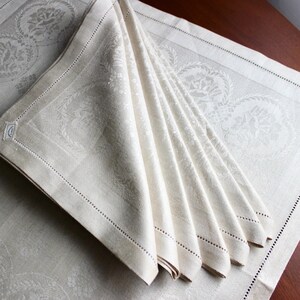 Vintage Linen Napkins Damask Unused White Cloth 8 Dinner Lunch Size Roses Large Off White Ivory image 4