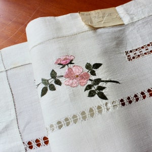 Vintage Linen Doily Tray Cloth Drawn Thread Silk Embroidery White Pink Green Hand Made By Harriett