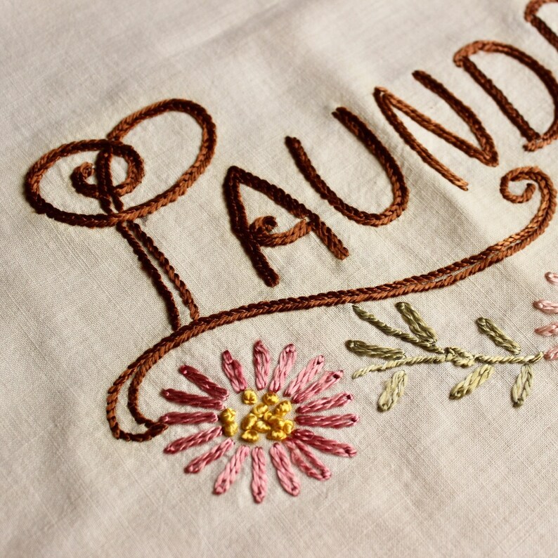 Vintage Linen Laundry Bag Embroidered Brown Pink Green Muslin Drawstring AS IS image 2