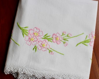 Vintage Pillowcase Cotton Single One White Hand Embroidery Pink Green Tatting Floral Pillow Case