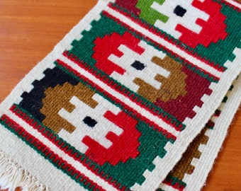 Vintage Handwoven Table Runner Wool Bright Red Black Beige Green Brown Fringe Ethnic Bold