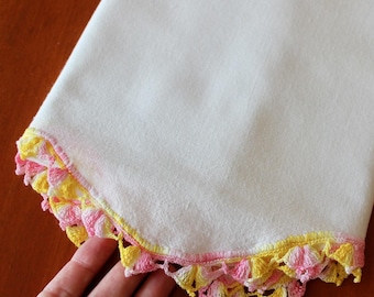 Vintage Pillowcase Cotton White Pink Yellow Pillow Case Hand Crochet Lace Single