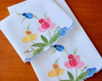 Vintage Linen Towels Tea Hand Applique Embroidery White Fingertip Guest Madeira Pastel Floral Pink Blue Yellow Green