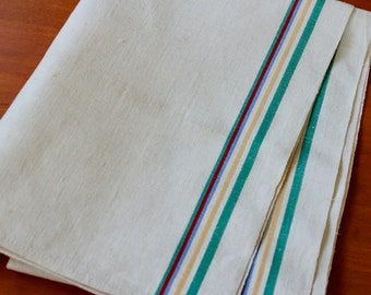 Vintage Linen Kitchen Towel Stripe Dishtowel Dish Unused Natural Unbleached Green Gold Red Blue Yellow Classic Very Long Runner