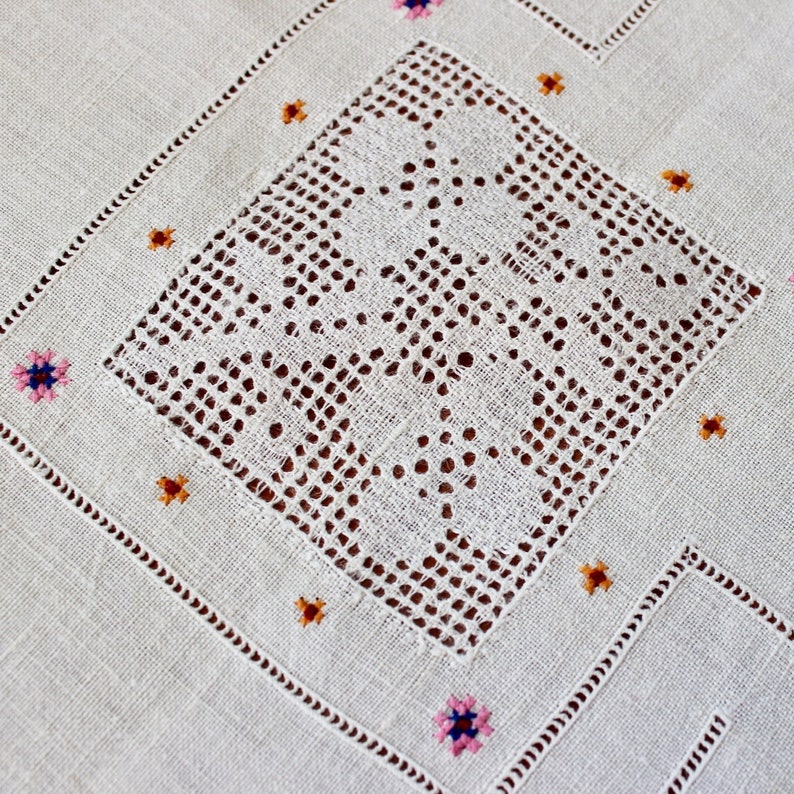 Vintage Linen Tablecloth Topper Embroidered Cross Stitch Pink Orange Green Hand Embroidery Mosaic Lace Drawn Thread Fancy Spring image 4