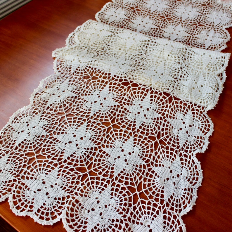 Vintage Lace Runner Crochet Hand Linen Cotton Off White Dresser Scarf Star Pattern 50 inches image 9