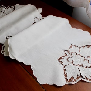 Vintage Linen Runner Cotton Dresser Scarf White Grape Leaf Cutwork Embroidery 61 Very Long image 2