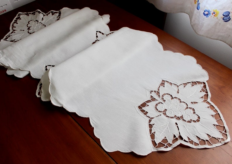 Vintage Linen Runner Cotton Dresser Scarf White Grape Leaf Cutwork Embroidery 61 Very Long image 2