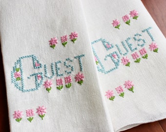Vintage Linen Towels Guest Pair Hand Embroidered Flowers White Blue Pink Tea Fingertip