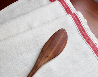 Vintage Linen Dish Towel Stripe Kitchen Red Black Off White Natural Dishtowel Farmhouse Rustic