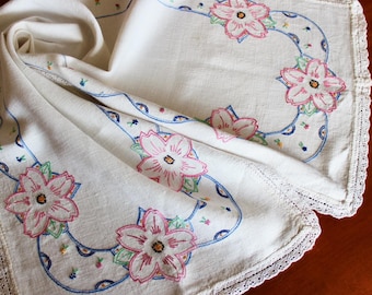 Vintage Linen Runner Dresser Scarf Hand Embroidery Blue Pink Flowers White Cottage 42 x 14