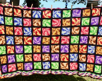 Vintage Crochet Afghan Squares Black Bright Colors Handmade Tie Dye Look Throw Blanket