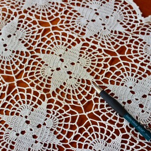 Vintage Lace Runner Crochet Hand Linen Cotton Off White Dresser Scarf Star Pattern 50 inches image 10