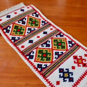 Vintage Handwoven Table Runner Ethnic Bold Wool Bright Red Black Beige Green Brown Fringe Rug 40 Inch image 7