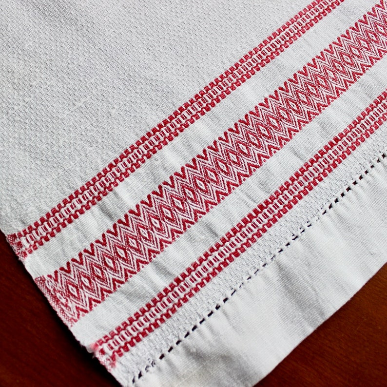 Vintage Linen Table Runner Damask Turkey Red White Stripes Rosepath Dresser Scarf 34 20 AS IS image 5