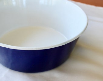Vintage Enamel Bowl Bright Cobalt Blue White Enamelware Large 9 Inch