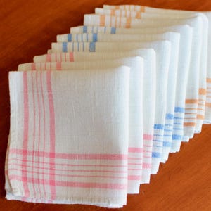Vintage Linen 8 Napkins Pink Blue Yellow Gold White Checks Lunch Picnic Sturdy